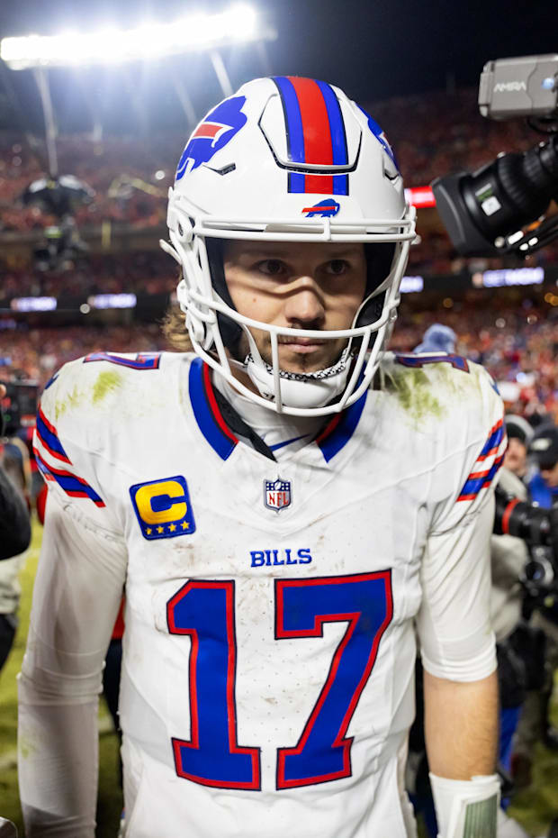 Buffalo Bills quarterback Josh Allen reacts as he walks off the field after losing to the Kansas City Chief Buffalo Bills quarterback Josh Allen reacts as he walks off the field after losing to the Kansas City Chief