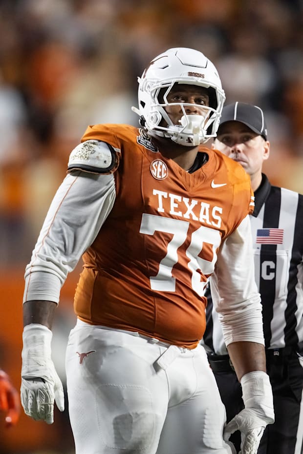 Texas Longhorns offensive lineman Kelvin Banks Jr. against the Clemson Tigers during the CFP National playoff first round.