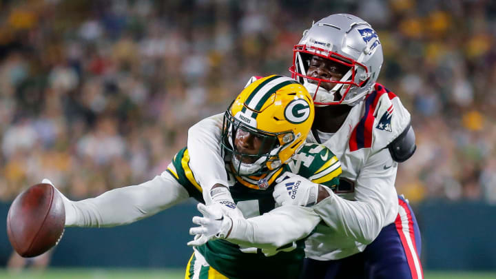 Green Bay Packers cornerback Kiondre Thomas (43) breaks up a pass intended for New England Patriots wide receiver Malik Cunningham (16) during their preseason football game Saturday, August 19, 2023, at Lambeau Field in Green Bay, Wis. The game was suspended in the fourth quarter following an injury to New England Patriots cornerback Isaiah Bolden (7).
Tork Mason/USA TODAY NETWORK-Wisconsin