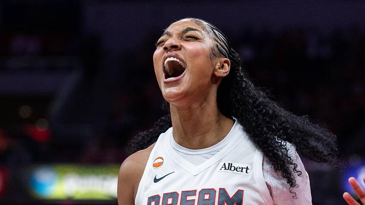 Jun 18, 2026; Indianapolis, Indiana, USA; Atlanta Dream forward Angel Reese (5) reacts to a basket and foul call in the first half against the Indiana Fever at Gainbridge Fieldhouse. Mandatory Credit: Trevor Ruszkowski-Imagn Images