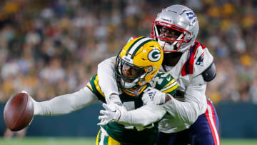 Green Bay Packers cornerback Kiondre Thomas (43) breaks up a pass intended for New England Patriots wide receiver Malik Cunningham (16) during their preseason football game Saturday, August 19, 2023, at Lambeau Field in Green Bay, Wis. The game was suspended in the fourth quarter following an injury to New England Patriots cornerback Isaiah Bolden (7).
Tork Mason/USA TODAY NETWORK-Wisconsin