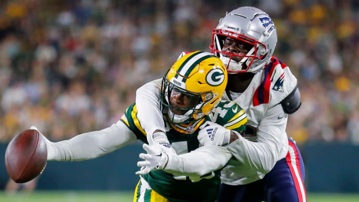 Green Bay Packers cornerback Kiondre Thomas (43) breaks up a pass intended for New England Patriots wide receiver Malik Cunningham (16) during their preseason football game Saturday, August 19, 2023, at Lambeau Field in Green Bay, Wis. The game was suspended in the fourth quarter following an injury to New England Patriots cornerback Isaiah Bolden (7).
Tork Mason/USA TODAY NETWORK-Wisconsin