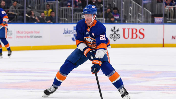 Dec 13, 2023; Elmont, New York, USA; New York Islanders center Brock Nelson (29) skates across the blue line against the Anaheim Ducks during the second period at UBS Arena. Mandatory Credit: Dennis Schneidler-USA TODAY Sports