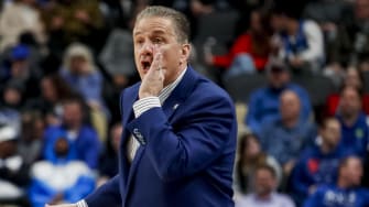 Kentucky Wildcats head coach John Calipari reacts to a play in the first round of the 2024 NCAA Tournament at PPG Paints Arena. 