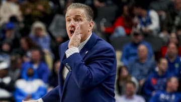 Kentucky Wildcats head coach John Calipari reacts to a play in the first round of the 2024 NCAA Tournament at PPG Paints Arena. 