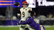 Nov 27, 2025; Baltimore, Maryland, USA; Cincinnati Bengals quarterback Joe Burrow (9) throws pass against Baltimore Ravens linebacker Kyle Van Noy (53) during the second half at M&T Bank Stadium. Mandatory Credit: Mitch Stringer-Imagn Images