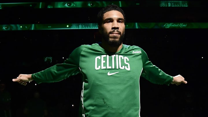 Mar 27, 2026; Boston, Massachusetts, USA; Boston Celtics forward Jayson Tatum (0) is introduced to the crowd prior to a game against the Atlanta Hawks at TD Garden. Mandatory Credit: Bob DeChiara-Imagn Images
