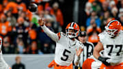 Cleveland Browns quarterback Jameis Winston attempts a pass against the Denver Broncos.