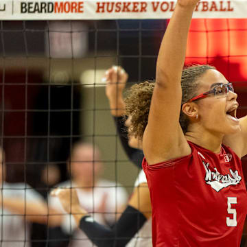 Nebraska middle blocker Rebekah Allick celebrates after the red team won the third set of the Red-White Scrimmage on Saturday.