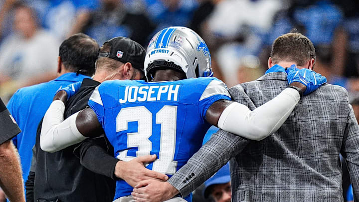 Detroit Lions safety Kerby Joseph (31) walks off the field due to an injury during the first half against Cleveland Browns at Ford Field in Detroit on Sunday, Sept. 28, 2025.