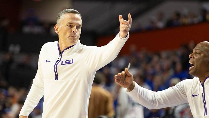 LSU head coach Matt McMahon reacts against Florida during the first half of an NCAA mens basketball game at Steven C. O'Connell Center Exactek arena in Gainesville, FL on Tuesday, January 20, 2026. [Alan Youngblood/Gainesville Sun]