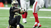 Oct 5, 2025; New Orleans, Louisiana, USA; New Orleans Saints wide receiver Rashid Shaheed (22) reacts after a play against the New York Giants during the second half at Caesars Superdome. Mandatory Credit: Stephen Lew-Imagn Images