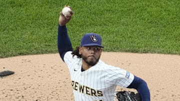 Jun 8, 2025; Milwaukee, Wisconsin, USA; Milwaukee Brewers pitcher Freddy Peralta (51) delivers a pitch against the San Diego Padres in the second inning at American Family Field. Mandatory Credit: Michael McLoone-Imagn Images