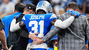 Detroit Lions safety Kerby Joseph (31) walks off the field due to an injury during the first half against Cleveland Browns at Ford Field in Detroit on Sunday, Sept. 28, 2025.