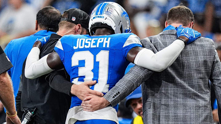 Detroit Lions safety Kerby Joseph (31) walks off the field due to an injury during the first half against Cleveland Browns at Ford Field in Detroit on Sunday, Sept. 28, 2025.
