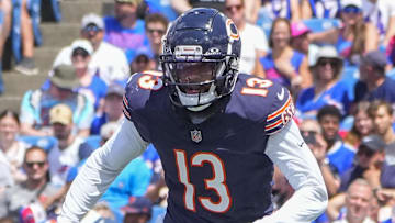 Aug 10, 2024; Orchard Park, New York, USA; Chicago Bears wide receiver Keenan Allen (13) goes in motion prior to the snap during the first half  against the Buffalo Billsat Highmark Stadium. Mandatory Credit: Gregory Fisher-Imagn Images