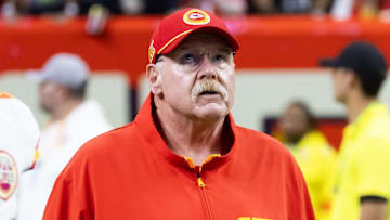 Feb 9, 2025; New Orleans, LA, USA;  Kansas City Chiefs head coach Andy Reid against the Philadelphia Eagles in Super Bowl LIX at Ceasars Superdome. Mandatory Credit: Mark J. Rebilas-Imagn Images