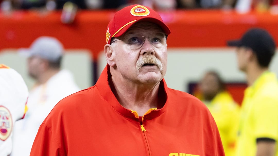 Feb 9, 2025; New Orleans, LA, USA;  Kansas City Chiefs head coach Andy Reid against the Philadelphia Eagles in Super Bowl LIX at Ceasars Superdome. Mandatory Credit: Mark J. Rebilas-Imagn Images