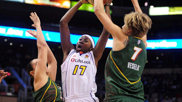 Aug 20, 2010; Phoenix, AZ, USA; Phoenix Mercury guard Sequoia Holmes (17) drives the ball against Seattle Storm forward Jana Vesela (7) and forward Svetlana Abrosimova during the first half at US Airways Center. Mandatory Credit: Jennifer Stewart-Imagn Images Aug 20, 2010; Phoenix, AZ, USA; Phoenix Mercury guard Sequoia Holmes (17) drives the ball against Seattle Storm forward Jana Vesela (7) and forward Svetlana Abrosimova during the first half at US Airways Center. Mandatory Credit: Jennifer Stewart-Imagn Images