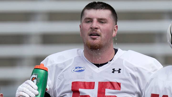 Wisconsin offensive lineman Kevin Heywood (55) is shown during football practice Thursday, August 6, 2026 at Camp Randall Stadium in Madison, Wisconsin.