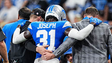 Detroit Lions safety Kerby Joseph (31) walks off the field due to an injury during the first half against Cleveland Browns at Ford Field in Detroit on Sunday, Sept. 28, 2025.