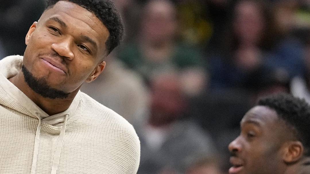 Milwaukee Bucks forward Giannis Antetokounmpo reacts against the Brooklyn Nets at Fiserv Forum on Apr 10, 2026.
