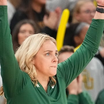 Jan 3, 2024; Waco, Texas, USA;  Baylor Lady Bears head coach Nicki Collen reacts after a play against the TCU Horned Frogs during the second half at Paul and Alejandra Foster Pavilion. Mandatory Credit: Chris Jones-Imagn Images