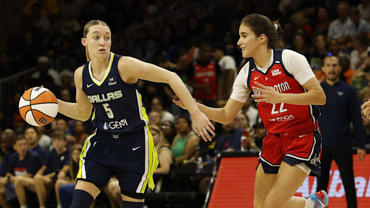 Jun 22, 2025; Washington, District of Columbia, USA; Dallas Wings guard Paige Bueckers (5) dribbles the ball as Washington Mystics guard Sonia Citron (22) defends in the first half at Entertainment & Sports Arena. Mandatory Credit: Geoff Burke-Imagn Images