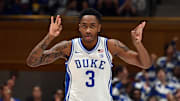 Nov 23, 2025; Durham, North Carolina, USA; Duke Blue Devils forward Isaiah Evans (3) reacts after hitting a three-pointer during the first half against the Howard Bison at Cameron Indoor Stadium. Mandatory Credit: Rob Kinnan-Imagn Images