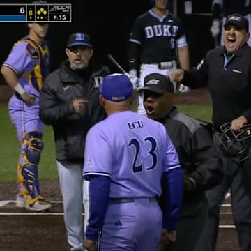 A typical college baseball moment between Duke and East Carolina.