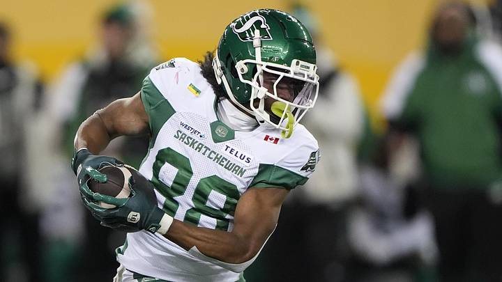 Nov 16, 2025; Winnipeg, Manitoba, Canada;  Saskatchewan Roughriders wide receiver Dohnte Meyers (88) runs with the ball during the first quarter against the Montreal Alouettes during the 112th Grey Cup Championship at Princess Auto Stadium. Mandatory Credit: John E. Sokolowski-Imagn Images