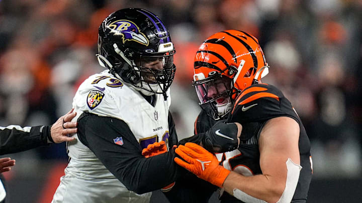 Baltimore Ravens offensive tackle Ronnie Stanley (79) grips the jersey of Cincinnati Bengals linebacker Logan Wilson (55) after a play in the fourth quarter during an NFL wild-card playoff football game between the Baltimore Ravens and the Cincinnati Bengals, Sunday, Jan. 15, 2023, at Paycor Stadium in Cincinnati. The Bengals advanced to the Divisional round of the playoffs with a 24-17 win over the Ravens.

Baltimore Ravens At Cincinnati Bengals Afc Wild Card Jan 15 373