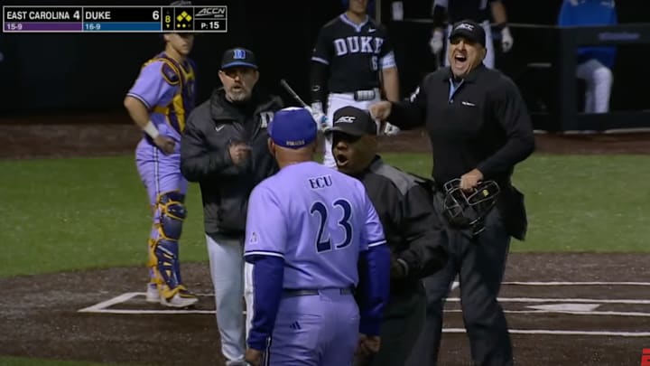 A typical college baseball moment between Duke and East Carolina.