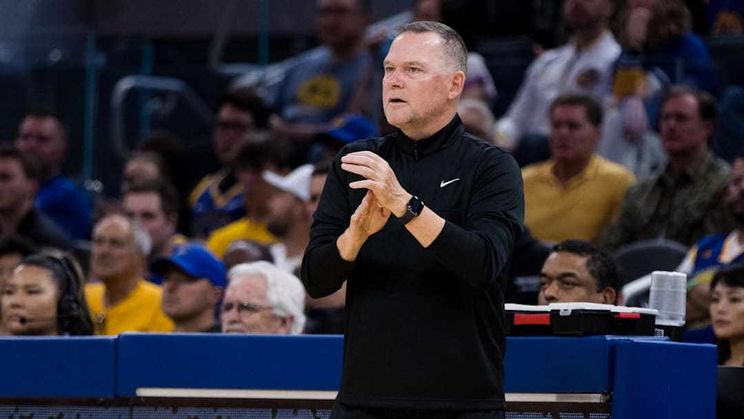 Oct 21, 2022; San Francisco, California, USA;  Denver Nuggets head coach Mike Malone reacts during the second half of the game against the Golden State Warriors at Chase Center. Mandatory Credit: John Hefti-Imagn Images