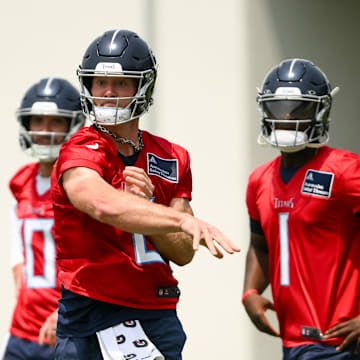 Jun 10, 2025; Nashville, TN, USA; Tennessee Titans quarterback Will Levis (8) throws a pass during minicamp at Nissan Stadium.