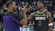 Minnesota Timberwolves guard Anthony Edwards greets Phoenix Suns guard Monte Morris after the game at Target Center in Minneapolis on March 28, 2025.