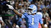 Sep 1, 2025; Chapel Hill, North Carolina, USA; North Carolina Tar Heels wide receiver Jordan Shipp (1) signals firts down in the first quarter at Kenan Stadium. Mandatory Credit: Bob Donnan-Imagn Images