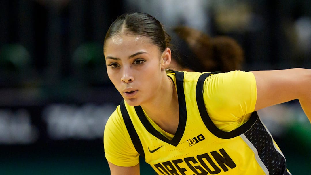 Oregon guard Katie Fiso chases down the ball as the Oregon Ducks host the Penn State Nittany Lions on Jan. 24, 2026, at Matthew Knight Arena in Eugene, Oregon.