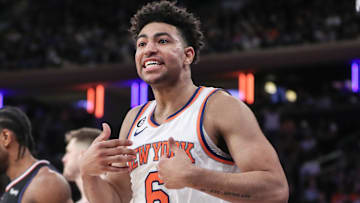Feb 4, 2023; New York, New York, USA;  New York Knicks guard Quentin Grimes (6) reacts after being called for a foul in overtime against the LA Clippers at Madison Square Garden. Mandatory Credit: Wendell Cruz-Imagn Images