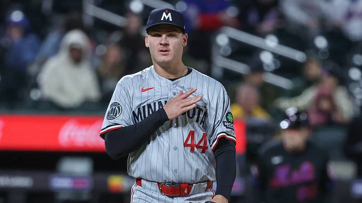 Apr 21, 2026; New York City, New York, USA;  Minnesota Twins relief pitcher Cole Sands (44) reacts after defeating the New York Mets 5-3 at Citi Field. Mandatory Credit: Wendell Cruz-Imagn Images