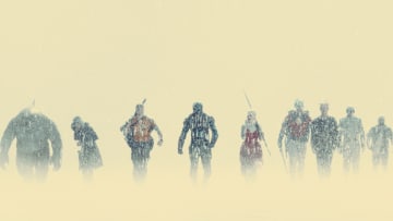 (L-r) KING SHARK, DANIELA MELCHIOR as Ratcatcher 2, JOEL KINNAMAN as Colonel Rich Flag, IDRIS ELBA as Bloodsport, MARGOT ROBBIE as Harley Quinn, JOHN CENA as Peacemaker, PETER CAPALDI as Thinker, DAVID DASTMALCHIAN as Polka-Dot Man and JULIO CESAR RUIZ as Milton in Warner Bros. Pictures’ superhero action adventure “THE SUICIDE SQUAD,” a Warner Bros. Pictures release. Courtesy of Warner Bros. Pictures/™ & © DC Comics. © 2021 Warner Bros. Entertainment Inc. All Rights Reserved.