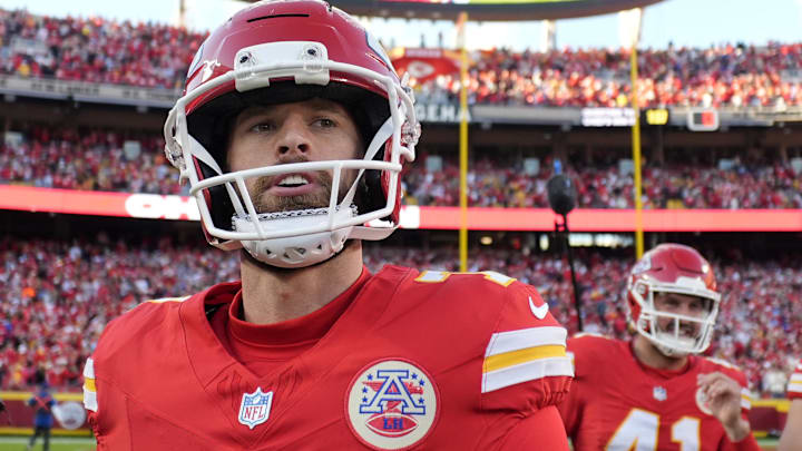 Nov 23, 2025; Kansas City, Missouri, USA; Kansas City Chiefs place kicker Harrison Butker (7) leaves the field after the game against the Indianapolis Colts at GEHA Field at Arrowhead Stadium.