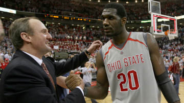 Feb 25, 2007; Columbus, OH, USA; Ohio State Buckeyes head coach Thad Matta celebrates with center Greg Oden (20) after a victory against the Wisconsin Badgers at Value City Arena.  The Buckeyes beat the Badgers 49-48.  Mandatory Credit: Matthew Emmons-USA TODAY Sports © copyright Matthew Emmons