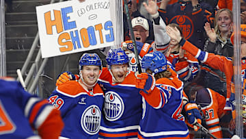 The Oilers celebrate a goal scored by forward Corey Perry (90) at Rogers Place. Mandatory Credit: Perry Nelson-Imagn Images