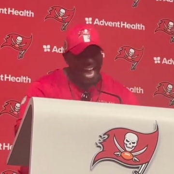 Head coach Todd Bowles jokes around with media during a Tampa Bay Buccaneers Press Conference.