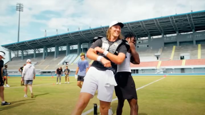 Trevor Lawrence and Travis Hunter training in the Bahamas. Trevor Lawrence and Travis Hunter training in the Bahamas.