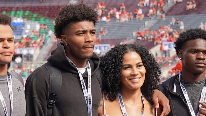 Sept. 21, 2024; Columbus, Ohio, USA; James Monroe High School (New York) wide receiver Messiah Hampton watches warm-ups before Ohio State's game against the Marshall University Thundering Herd at Ohio Stadium. Sept. 21, 2024; Columbus, Ohio, USA; James Monroe High School (New York) wide receiver Messiah Hampton watches warm-ups before Ohio State's game against the Marshall University Thundering Herd at Ohio Stadium.