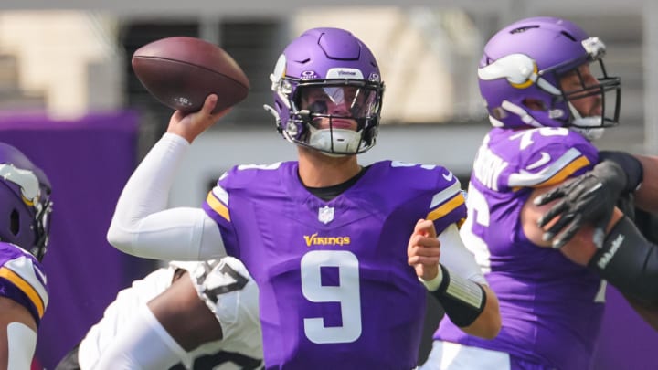 Aug 10, 2024; Minneapolis, Minnesota, USA; Minnesota Vikings quarterback J.J. McCarthy (9) passes against the Las Vegas Raiders in the second quarter at U.S. Bank Stadium.