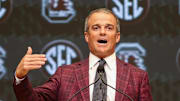 Jul 14, 2025; Atlanta, GA, USA; South Carolina Gamecocks head coach Shane Beamer talks to the media during SEC Media Day at Omni Atlanta Hotel. Mandatory Credit: Jordan Godfree-Imagn Images