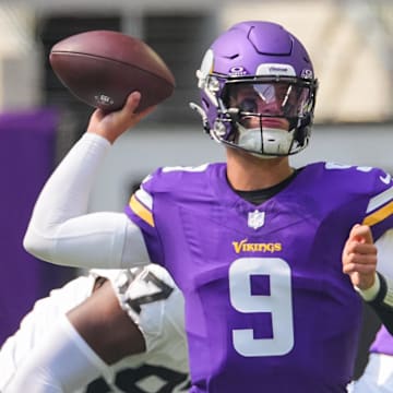 Aug 10, 2024; Minneapolis, Minnesota, USA; Minnesota Vikings quarterback J.J. McCarthy (9) passes against the Las Vegas Raiders in the second quarter at U.S. Bank Stadium.